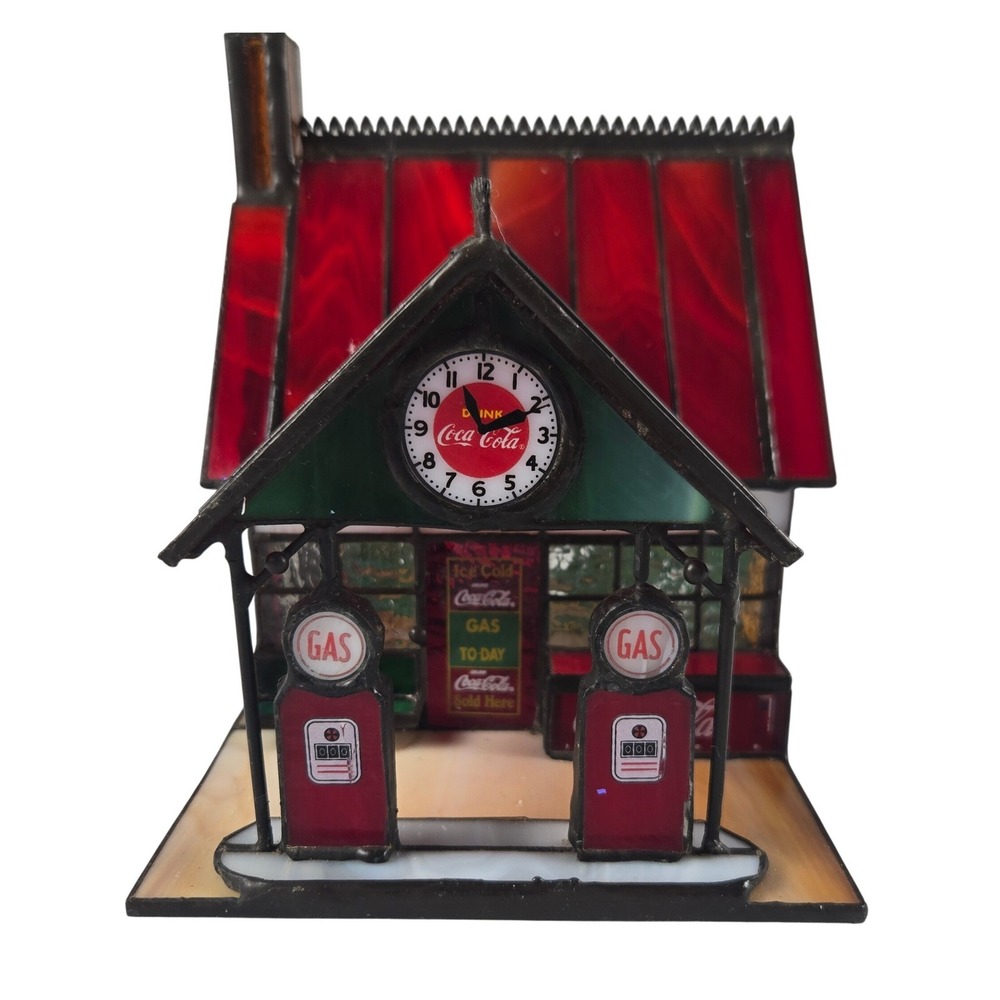 Vintage 1997 Coca-Cola Franklin Mint Stained Glass Gas Station Christmas Village